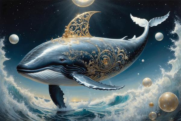 عکس نهنگ فانتزی با باله طلایی تزئینی در آب