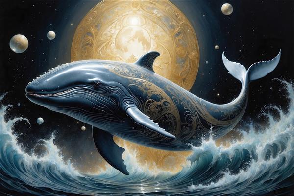 تصویر نهنگ سورئال روی امواج دریا زیر نور ماه