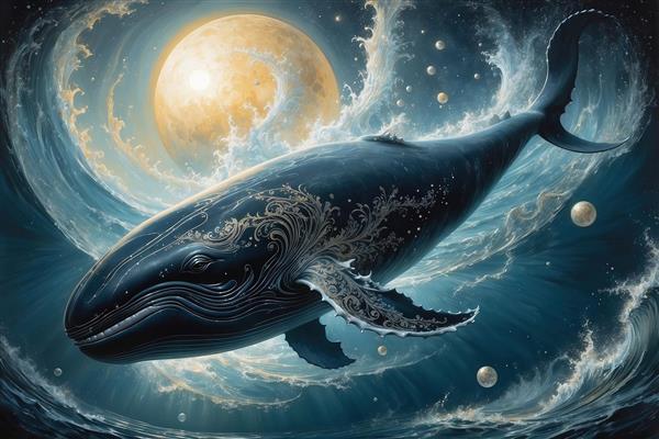 طرح نهنگ فانتزی با نقوش اسلیمی در دریای مواج