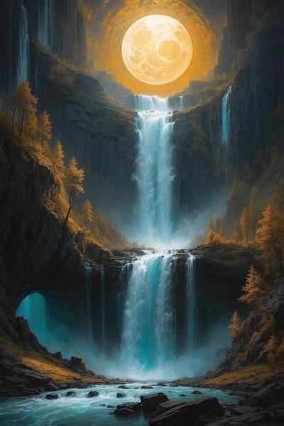 تصویر منظره آبشار دره عمیق با ماه کامل فانتزی