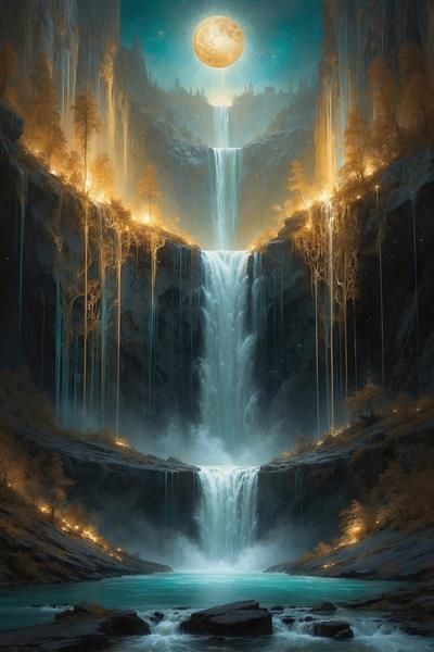 طرح آبشارهای چندگانه فانتزی زیر نور ماه و ستاره