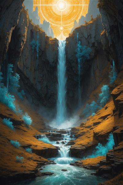 تصویر آبشار بلند فانتزی با نماد خورشید در آسمان