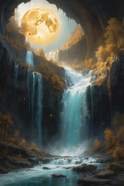 عکس آبشار فانتزی در غار با درختان پاییزی طلایی