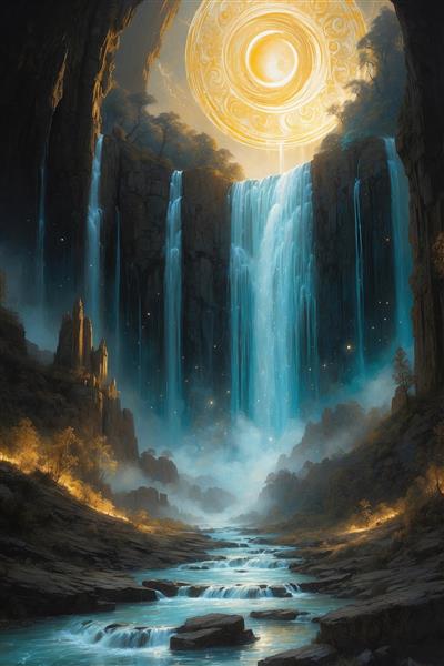 تصویر منظره آبشار فانتزی با نورپردازی رویایی و ماه
