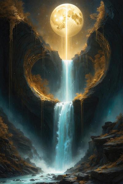عکس آبشار فانتزی قلبی شکل زیر نور ماه کامل