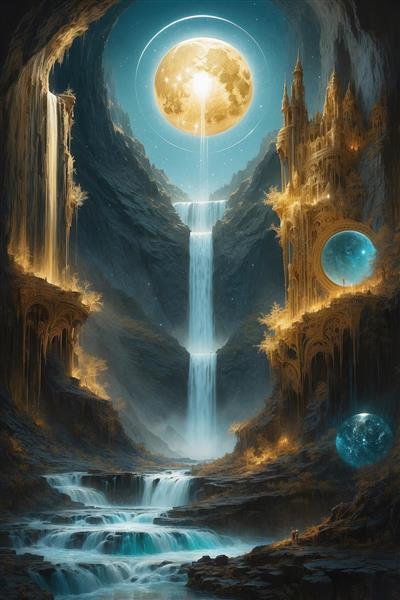 طرح قلعه طلایی فانتزی کنار آبشار در نور ماه