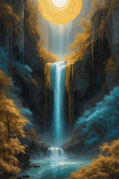 تصویر آبشار فانتزی در جنگل با نور خورشید تابان