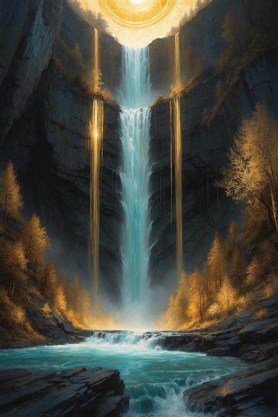 طرح آبشار فانتزی با رگه‌های طلایی و جنگل انبوه