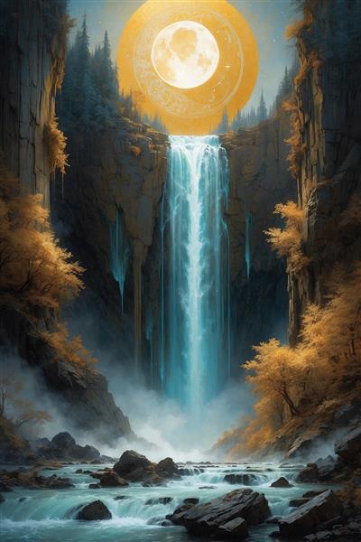 عکس آبشار بلند فانتزی با خورشید بزرگ در کوهستان