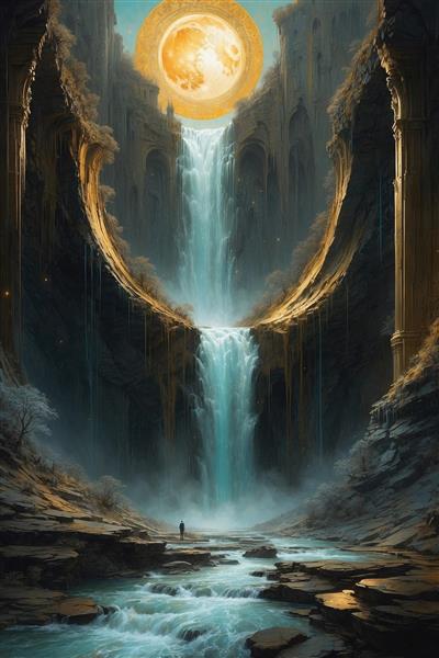 تصویر آبشار فانتزی در دره صخره‌ای با ماه طلایی