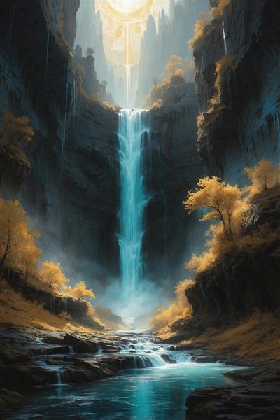 طرح منظره آبشار فانتزی با درختان طلایی و نور