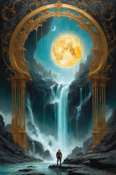 تصویر آبشار فانتزی پشت دروازه طلایی با ماه کامل