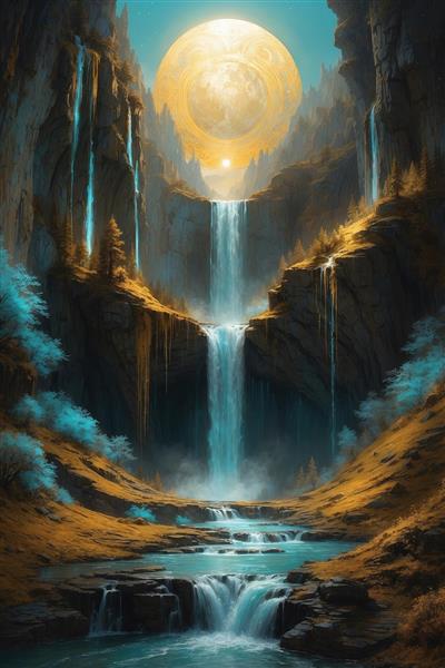 عکس منظره آبشارهای چندگانه فانتزی زیر نور خورشید