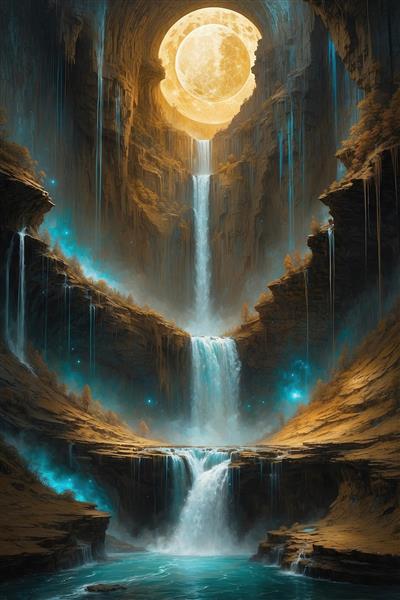 تصویر آبشار فانتزی در دره صخره‌ای با ماه بزرگ