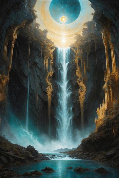 طرح آبشار فانتزی با معماری طلایی در دل صخره