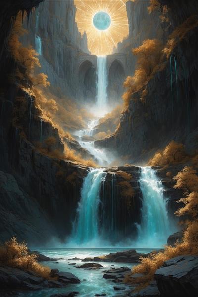 عکس آبشار فانتزی در جنگل پاییزی با خورشید تابان