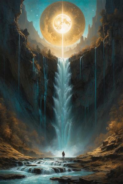 تصویر آبشار بلند فانتزی زیر نور ماه و ستاره‌ها