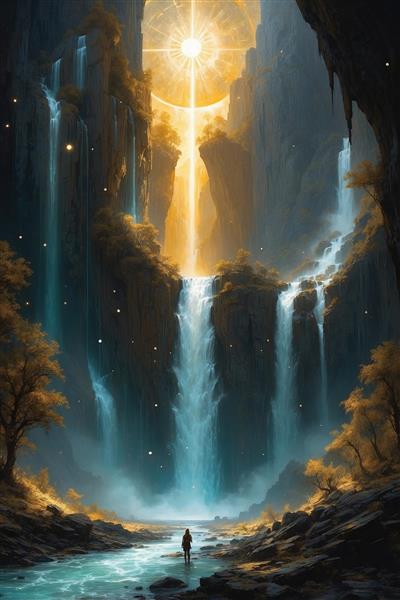 عکس منظره آبشار رویایی با نور خورشید در کوهستان