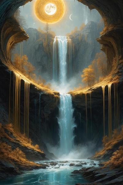 تصویر آبشار فانتزی در غار سنگی با ماه درخشان
