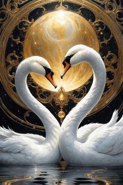 تصویر قوهای سفید در حال بوسه با پس‌زمینه ماه کامل طلایی