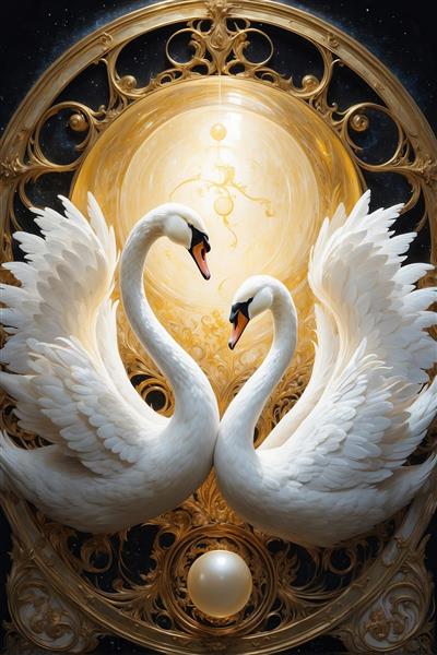 طرح متقارن دو قوی سفید عاشق در قاب تزیینی طلایی فانتزی