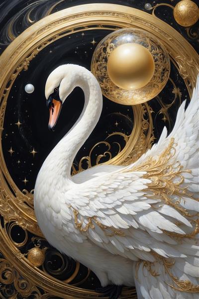 عکس قوی سفید فانتزی با پرهای درخشان و گوی‌های طلایی معلق