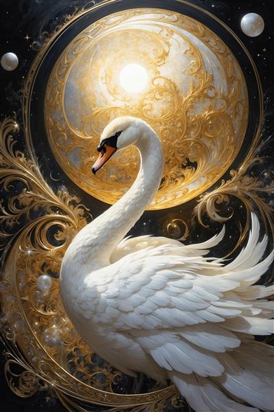 تصویر قوی سفید فانتزی با بال‌های پرپشت در میان تزیینات طلایی