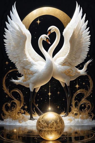 طرح قوهای سفید عاشق با بال‌های گشوده و پس‌زمینه لوکس طلایی
