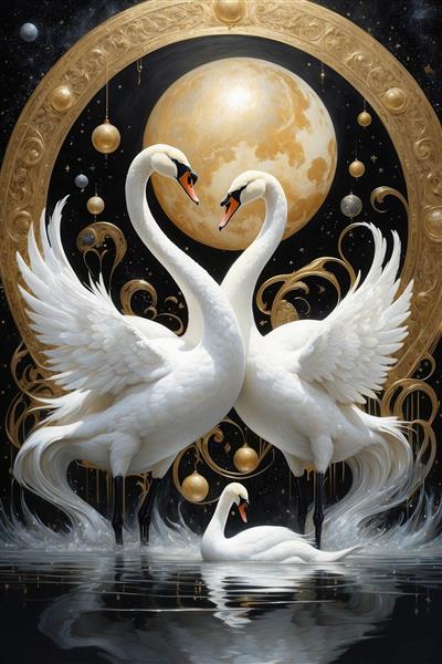 عکس خانواده قوهای سفید فانتزی میان ماه و گوی‌های معلق طلایی