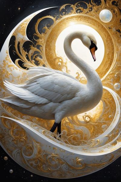 تصویر قوی سفید روی آب میان هلال ماه و فضای درخشان