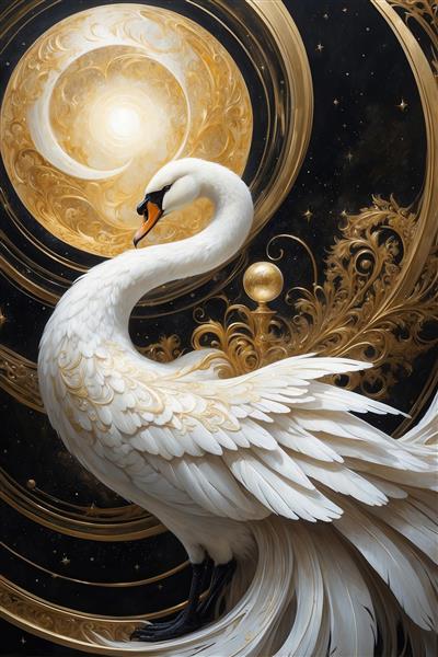 طرح قوی سفید با دم پرطاووسی و تزیینات طلایی در شب فانتزی