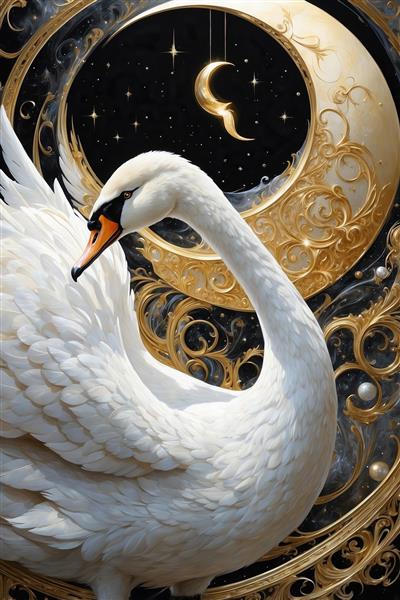 عکس قوی سفید فانتزی در شب میان هلال ماه و ستارگان