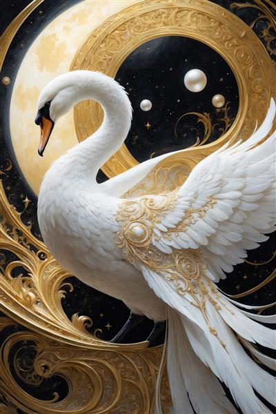 تصویر قوی سفید فانتزی با پرهای تزیینی و جزئیات طلایی خیره‌کننده