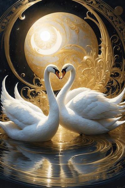 عکس قوی عاشق سفید با انعکاس آب و پس‌زمینه ماه طلایی