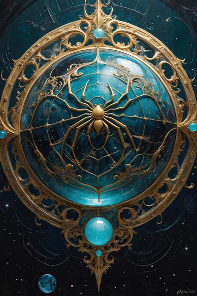 طرح نماد عنکبوت طلایی فانتزی میان گوی شیشه‌ای با جزئیات بالا