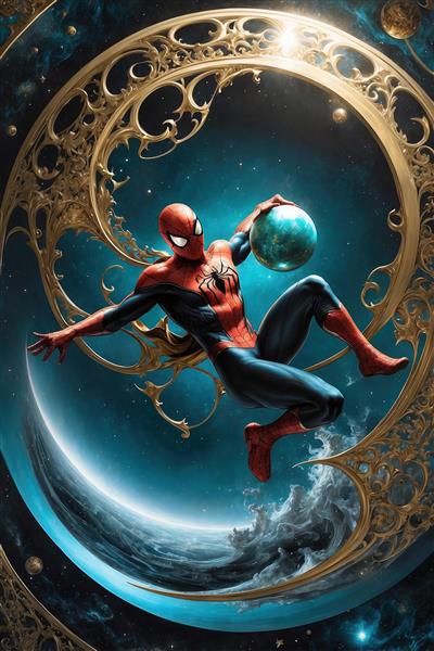 طرح فانتزی اسپایدرمن در حال معلق شدن در مدار ماه
