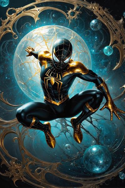 عکس مرد عنکبوتی با زره مشکی طلایی در میان سیارات