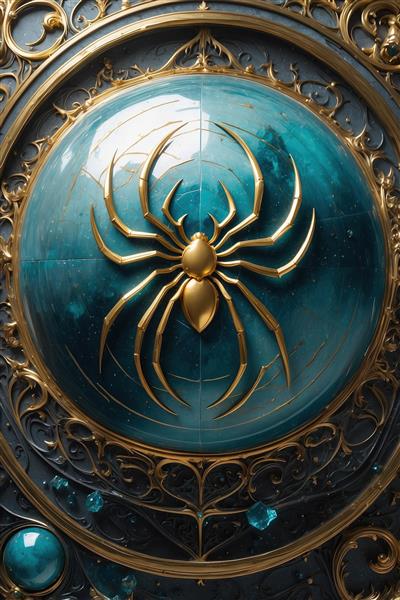 طرح گرافیکی نماد عنکبوت طلایی روی پس‌زمینه فیروزه‌ای