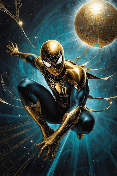 تصویر اکشن مرد عنکبوتی طلایی در حال پرتاب تار