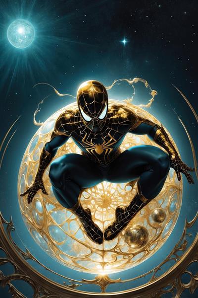 تصویر اسپایدرمن سیاه و طلایی نشسته بر گوی درخشان