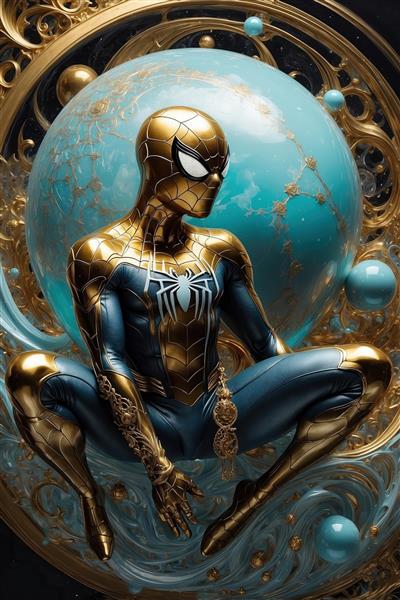 طرح مرد عنکبوتی طلایی با زره فلزی در فضای فانتزی