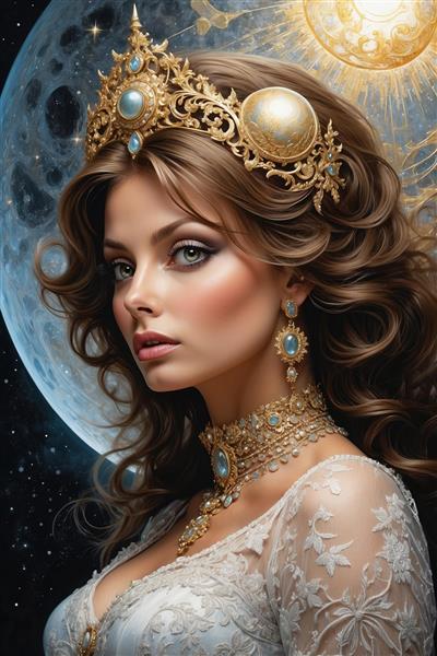 تصویر ملکه با تاج مجلل طلایی و نماد ماه و خورشید