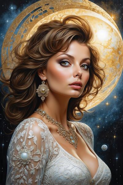 عکس زن فانتزی با موهای موج‌دار و پس‌زمینه خورشید طلایی