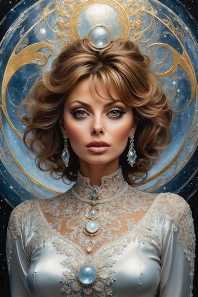 طرح فانتزی زن با لباس جواهر دوزی شده و هاله کیهانی