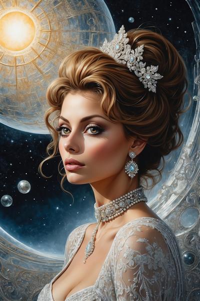 عکس پرتره زن با تاج سلطنتی و گردنبند مروارید در فضا