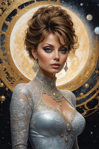 تصویر زن فانتزی با لباس توری نقره‌ای و فضای کیهانی