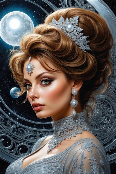 طرح ملکه فانتزی با جواهرات مروارید و تم کهکشانی باکیفیت