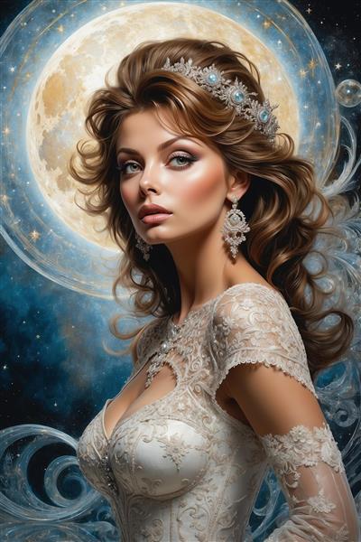 تصویر زن فانتزی با تاج مروارید و پس‌زمینه ماه درخشان