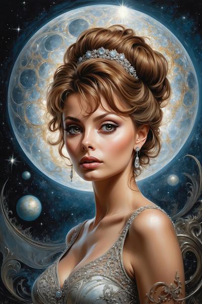 تصویر فانتزی زن با تاج الماس مقابل ماه درخشان