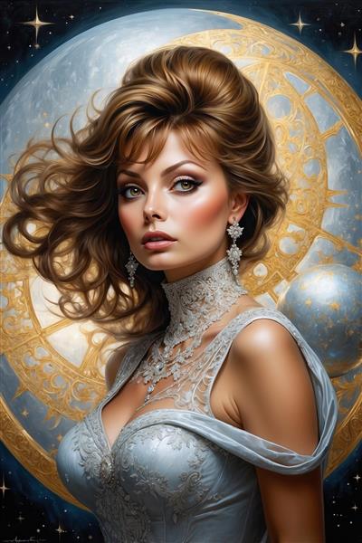 تصویر زن فانتزی با لباس دکلته و تزیینات توری سفید